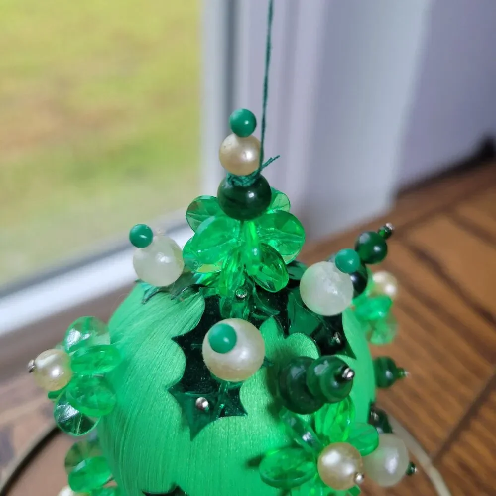 Vtg Ornate Easter Egg Handmade Beaded Push Pin Satin Basket Filler Green Egg